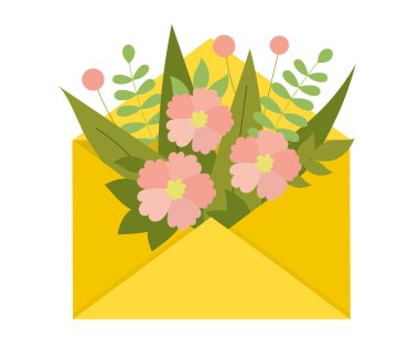 Şekillendirilmiş çiçek ve yapraklı bir zarfın vektör çizimi, izole edilmiş beyaz arkaplan, bahar kavramı veya selamlama