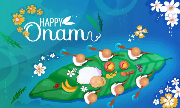 快乐的Onam节 在漂浮在河上的香蕉叶上挂着印有铭文和印度传统食品的横幅 印度南部喀拉拉的宗教节日贺卡 卡通平面矢量插图 图库矢量图片
