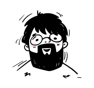 El çizimi insan yüzü. Gözlüklü, gülümseyen sakallı bir adamın siyah beyaz portresi. Sosyal ağlarda Avatar için Doodle simgesi. Çizgi film ana hatları vektör çizimi beyaz arkaplanda izole edildi