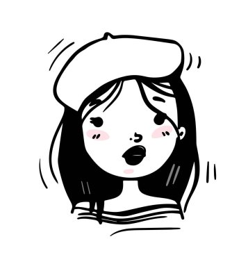 El çizimi insan yüzü. Güzel, modaya uygun, şık şapkalı bir kızın siyah beyaz karalama portresi. Sosyal ağlar için Avatar. Çizgi film ana hatları vektör çizimi beyaz arkaplanda izole edildi