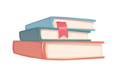 Üstünde kitap yığını olan bir etiket. Ders kitaplarıyla el çizimi renkli bir ikon. Okuma ve edebiyat sevgisi. Eğitim ve öğrenim. Çizgi film düz vektör çizimi beyaz arkaplanda izole edildi