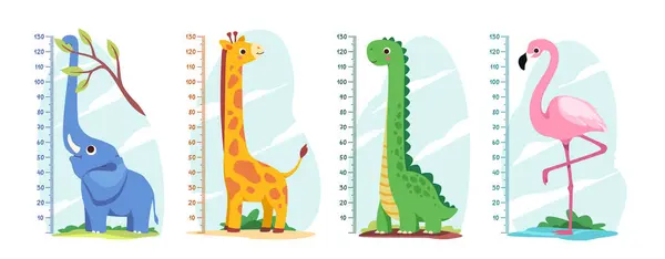 孩子的身高测量 由大象 长颈鹿 火烈鸟和恐龙组成的可爱的墙壁统治者的集合 非洲动物图表 在白色背景上孤立的卡通平面矢量图集 图库插图
