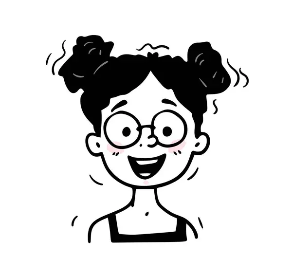 手描きした人の顔 メガネで愛らしい笑う十代の少女の肖像画を持つドードルアイコン 幸せな子供と黒と白のアバター 背景に分離された漫画の概要ベクトルイラスト ロイヤリティフリーのストックイラスト