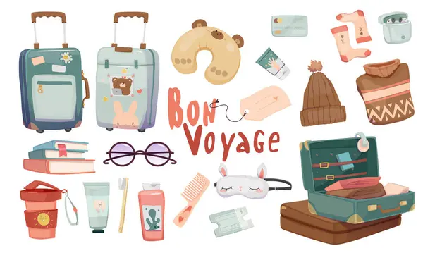 旅行用品のセット スーツケース 旅行枕 衛生製品 睡眠マスク付きステッカー 休暇のための服やもの 白い背景に隔離された漫画の平らなベクトルのイラスト ストックイラスト
