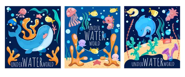 Sada Podmořských Světových Plakátů Barevné Karty Obyvateli Oceánu Nebo Moře Royalty Free Stock Ilustrace