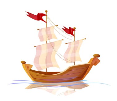 Old wooden ship. Historic nautical vessel, galleon or sailboat. Ancient frigate or warship sailing on ocean. Brigantine or schooner. Cartoon flat vector illustration isolated on white background clipart