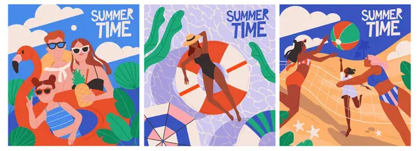 夏のポスターセット ビーチバレーで遊ぶ友人 プールで泳ぐ女の子 家族は海でリラックスします 夏休みか休暇か 白い背景に隔離された漫画の平らなベクトルのイラスト ストックベクター