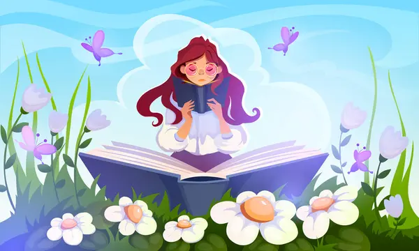 图书节的概念 美丽的女人打开一本巨大的书 四周环绕着盛开的花朵 植物和蝴蝶 热爱阅读和文学 教育和知识 卡通平面矢量插图 矢量图形