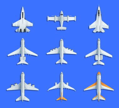 Çeşitli açılardan, vektör illüstrasyonundan, mavi arkaplan ve havacılık kavramına göre çizilmiş birden fazla uçak tipi..