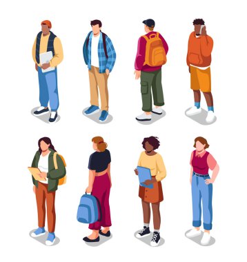 Gündelik giysiler içindeki farklı genç yetişkinler, sade bir arka planda izole edilmiş, modern gençlik kavramı. Beyaz arkaplanda izole edilmiş vektör çizimleri kümesi