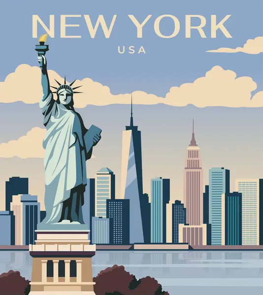 Sebuah Ilustrasi Bergaya Dari New York City Dengan Patung Liberty Stok Vektor