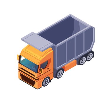 Sade beyaz bir zemin üzerinde turuncu bir damperli kamyonun taşıyıcı çizimi, ulaşımı gösteriyor. Vektör illüstrasyonu beyaz arkaplanda izole edildi