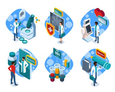 Modern tıbbi kavramları tasvir eden beyaz bir arka planda profesyoneller, ekipmanlar ve teknolojiyle ilgili Isome sağlık hizmetleri sahneleri. Beyaz arkaplanda izole edilmiş vektör çizimleri kümesi