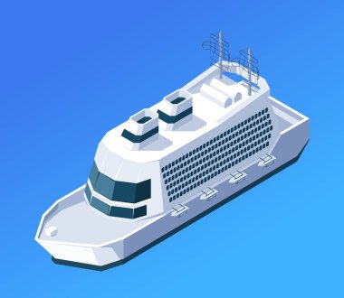 Mavi arka planda boktan bir yolcu gemisi, seyahat ve ulaşım konsepti. İzole edilmiş izometrik vektör çizimi