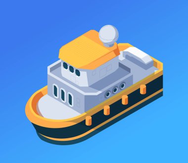 Mavi arka planda, deniz taşımacılığı kavramlarını vurgulayan Isometric römorkör çizimi. Modern vektör illüstrasyonu