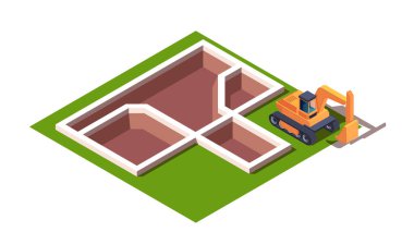 Tamamlanmamış bir bina temelinde kazıcılı bir inşaat alanının yeşil arka planda, inşaat kavramının Isometric illüstrasyonu. Vektör illüstrasyonu beyaz arkaplanda izole edildi