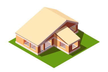 Yeşil arka planı olan büyük çatılı bej bir ev, inşaat ve mimari konsepti. İzometrik vektör illüstrasyonu beyaz arkaplanda izole edildi