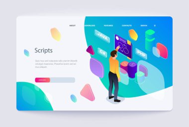 Bir kodlama arayüzü, renkli izometrik vektör çizimi, mavi gradyan arkaplan, programlama kavramı ile etkileşim