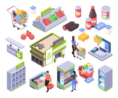 Beyaz zemin üzerinde müşteriler, bina, alışveriş arabası ve ürünler dahil olmak üzere Isometric süpermarket unsurları, beyaz arkaplan üzerinde izole edilmiş 3d vektör çizimleri kümesi
