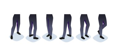 Karakter yaratmak için Isometric yapıcı. Karakterlerin hareketleri için bir dizi ayak ve bacak pozu. Çeşitli bacak pozları pantolon ve ayakkabı giyerek, beyaz arkaplanda izole edilmiş vektör çizimleri