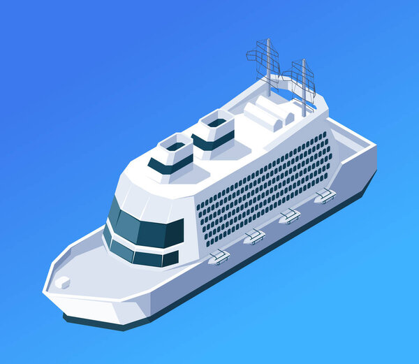 Shite cruise ship on a blue background, concept of travel and transportation. Isolated isometric vector illustration
