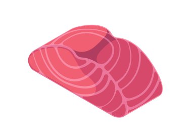 Beyaz arka planda besinleri temsil eden pembe somon filetosunun stilize edilmiş bir tasviri. İzometrik vektör illüstrasyonu