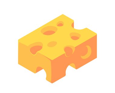 Delikli bir parça peynir, düz grafik tarzı, beyaz arka planda, gıda kavramlarını sembolize ediyor. İzometrik vektör illüstrasyonu beyaz arkaplanda izole edildi