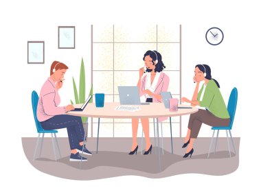 İşteki merkez personeli ara. Kulaklıklı, mikrofonlu bir adam ve kadın müşterilerle konuşuyor. Teknik destek temsilcileri müşterileri arıyor. Düz vektör çizimi beyaz üzerine izole edildi