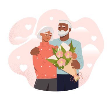 Happy elderly couple with bouquet. Man and woman with flowers. Couple of pensioners in love. Good feelings and relations. Flat vector illustration isolated on white background