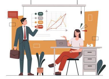 İnsanlar verileri analiz ediyor. Grafiklerin ve diyagramların yanında duran kadın ve erkek. İstatistikler, bilgi grafikleri, veri görselleştirme kavramı. Analistlerden oluşan bir ekip pazarlama araştırması yapıyor. Düz vektör illüstrasyonu