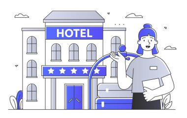 Beş yıldızlı otel. Binanın önünde bagajı ve bavulu olan bir kadın var. Turistler ve gezginler için bir yer. Tatilciler için konaklama yeri. Beyaz arkaplanda çizgi sanatı düz vektör çizimi