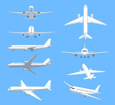 Farklı açılarda uçaklar. Gökyüzünde uçan yolcu jeti ya da kargo uçağının üst ve yan görüntüsü. Uçaklı ikonlar ve hava taşımacılığı. düz vektör çizimleri arkaplanda izole edildi