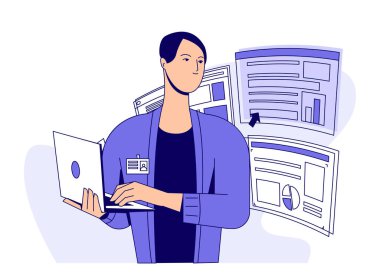 Ofiste sahne. Bilgisayarlı erkek şirket çalışanı pazarlama, büyüme ve iş geliştirme için arama motoru optimizasyonuna girdi. Düz vektör çizimi beyaz arkaplanda izole edildi