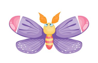 Sevimli böcek simgesi. Güzel mor kanatlı sevimli kelebekli renkli çıkartma. Uçan böcek polen taşıyıcısı. Çocuk çizimi. Çizgi film düz vektör çizimi beyaz arkaplanda izole edildi
