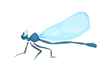 Sevimli böcek simgesi. Havada uçan kanatlı güzel uzun yusufçuk etiketi. Sevimli el çizimi bahçe böceği. Çizgi film düz vektör çizimi beyaz arkaplanda izole edildi