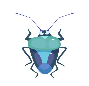 Sevimli böcek simgesi. Üzerinde zıplayan ve uçan böcekler olan çıkartma. Anten ve kanatlı güzel bir böcek çizen çocuk. Çizgi film düz vektör çizimi beyaz arkaplanda izole edildi