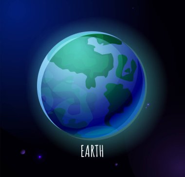 Güneş sistemi gezegeni. Dünyayla birlikte dış uzayda ikon. Suyla, toprakla ve yaşamla dolu bir dünya. Galakside kozmik cisim. Evreni keşfediyorum. Çizgi film düz vektör çizimi yıldızlı gökyüzü arka planında izole edildi