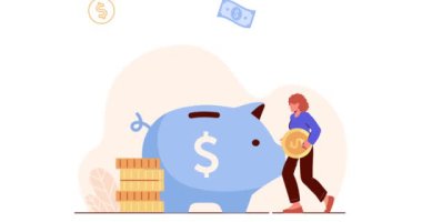 Yatırım ve pasif gelir. Üzerinde altın paralar ve banknotlar olan afişler kumbaraya uçuyor. Mutlu kız para biriktiriyor ve mali işler yönetiyor. Bütçe planlaması. Çizgi film düz animasyon grafikleri