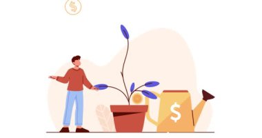 Yatırım ve pasif gelir. Para ağacını sulayan erkek tüccarın afişi. Mutlu girişimci karı artırır, parayı yönetir ve finansal başarı elde eder. Çizgi film düz animasyon grafikleri