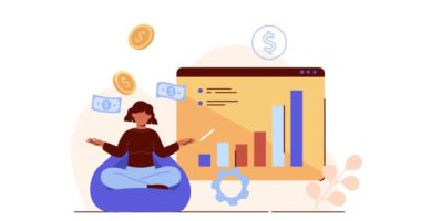 Yatırım ve pasif gelir. Borsada başarılı bir kız tüccarla afiş taşımak istatistikleri analiz eder ve sermayeyi artırır. Para yönetimi ve finansal büyüme. Çizgi film düz animasyon grafikleri