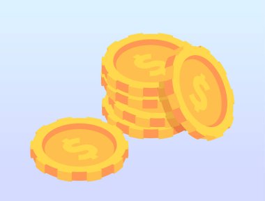 Banka ofisi ile ilgili izometrik simge. Altın, para ya da nakit para yığını olan tasarım elementleri. Zenginlik, kâr veya gelir. Finansal yönetim. Çizgi film 3 boyutlu vektör çizimi arkaplanda izole edildi