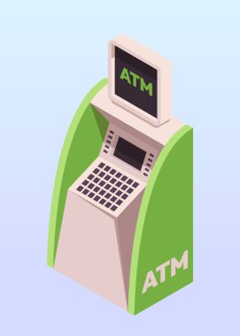 Banka ofisi ile ilgili izometrik simge. Para çekmek ve yatırmak için banka ATM 'si. Elektronik işlemler ve online ödemeler için terminal. Çizgi film 3 boyutlu vektör çizimi arkaplanda izole edildi