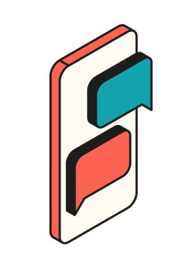 Pazarlama izometrik simgeleri. Diyaloglu çıkartma ya da akıllı telefon ekranında sohbet. Sosyal ağlarda iletişim ve müşteri çekmek. Çizgi film 3 boyutlu vektör çizimi beyaz arkaplanda izole edildi