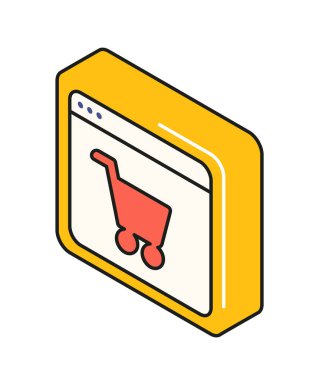 Pazarlama izometrik simgeleri. İnternetten alışveriş yapmak ve internetten alışveriş yapmak için sepetli renkli etiketler. E ticaret ve reklam. Çizgi film 3 boyutlu vektör çizimi beyaz arkaplanda izole edildi