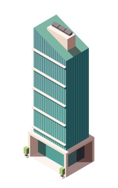 Şehir binası ikonu. Fütüristik şehir gökdeleni ya da ticari mülk. Mimari gayrimenkul ya da ofisleri olan iş merkezi. Çizgi film 3 boyutlu vektör çizimi beyaz arkaplanda izole edildi