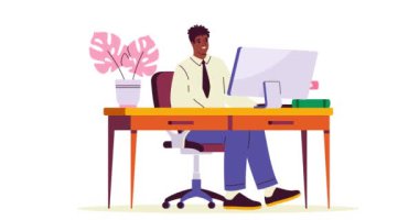 Masadaki ofis çalışanı. Bilgisayarda çalışan mutlu bir erkek şirket çalışanı ya da girişimci ile afiş taşımak. Freelancer çevrimiçi ya da rahat bir çalışma alanında çalışıyor. Grafik canlandırmalı çizgi film videosu