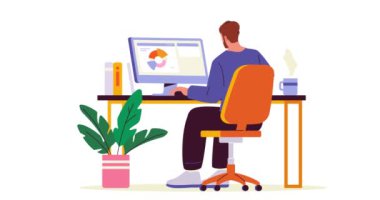 Masadaki ofis çalışanı. Erkek muhasebeci ya da CEO uzmanı ile birlikte afiş taşıyarak grafikleri ve diyagramları analiz etmek. Rahat çalışma alanında çalışan bir şirket çalışanı. Düz çizgi film videosu