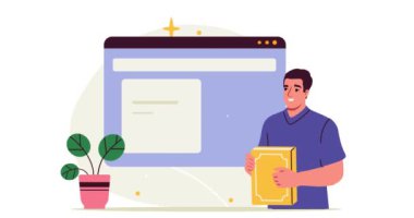 Çevrimiçi Kütüphane konsepti. Dijital kitapçıdan elektronik kitap alan bir adamın afişi. Karakter internet hizmetleri hakkında kitaplar okur. - Evet. Çizgi film biçimi grafik animasyon video klibi
