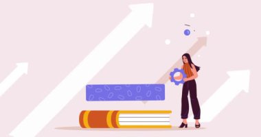 Profesyonel büyüme. Bir sürü kitabın yanında bayrak taşıyan bir kadın. Kişisel gelişim, iş kalitesinin ve becerilerinin geliştirilmesi. Eğitim ve bilgi. Düz grafik çizgi film