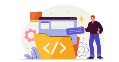 Başvuru servisi. Yazılım paketine abonelik. İş ve veri analizi için dijital hizmetler ve uygulamalar kullanan bir adamla afiş taşımak. Modern teknolojiler. Düz grafik çizgi film